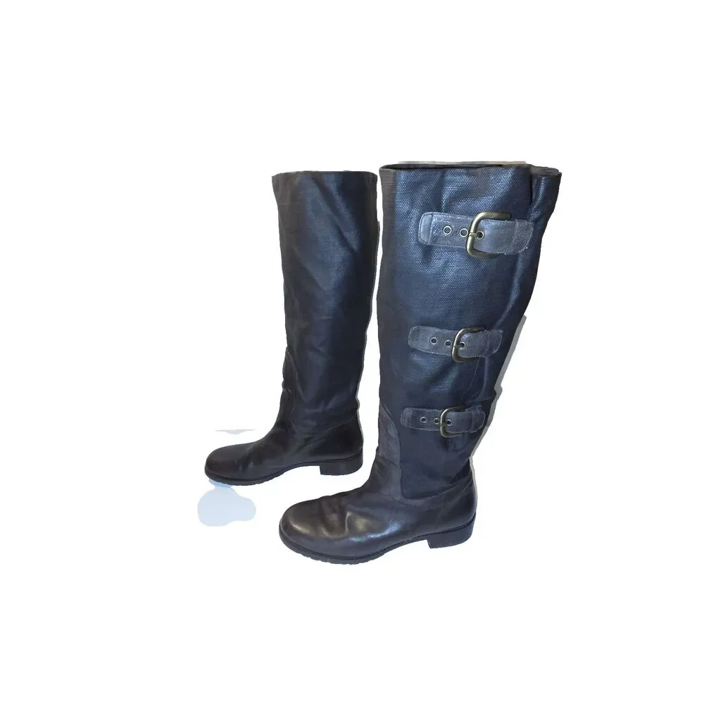Stuart Weitzman Brown Leather & Coated Canvas Knee-High Boots Women's Size 8